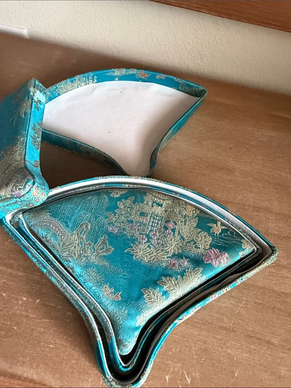 Teal Brocade Decorative Fabric Asian fan nesting - Set of 3